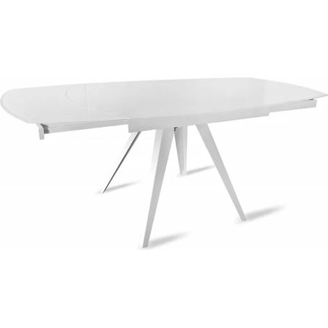Table extensible ovale 120/180 cm en verre trempé blanc – Mécanisme rotatif intégré – Pour 8 personnes – Structure en métal époxy – Meubletmoi (1/5)