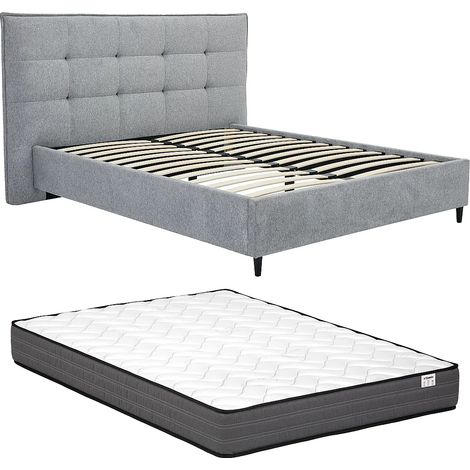 Lit 180 x 200 cm avec tête de lit capitonnée - Tissu - Gris + Matelas - NIRPIO (1/5)