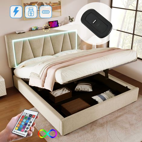 Lit double 160x200 – Éclairage LED + USB-C – Coffre de rangement – Lin doux et respirant – Sommier lattes robuste – Sans matelas – Chambre enfant (1/5)