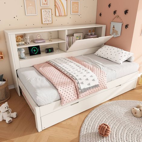 Canapé-lit 90x200 cm blanc avec tiroir 90x190, rangements et prises USB (1/5)