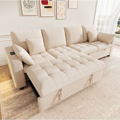 Divano angolare letto 262,5x140x89 cm in ciniglia beige con LED e USB – MEUBLIV (1/5)