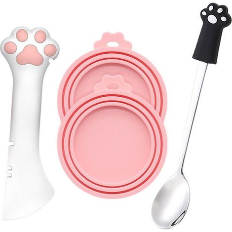 Ensemble de 4 accessoires pour boîtes de nourriture pour animaux : cuillère doseuse, couvercle, pour conserver la nourriture humide pour chats et chiens. Rose et blanc. (1/5)
