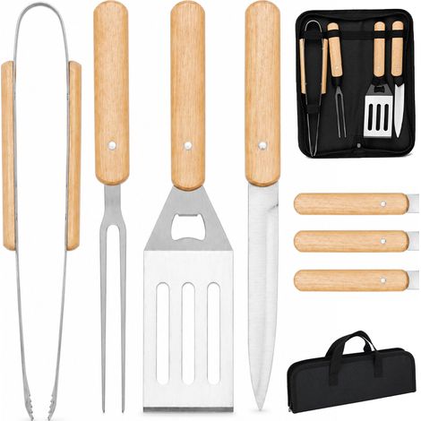 Set 4 Pezzi Accessori per Barbecue con Valigetta Pieghevole con Manico in Legno