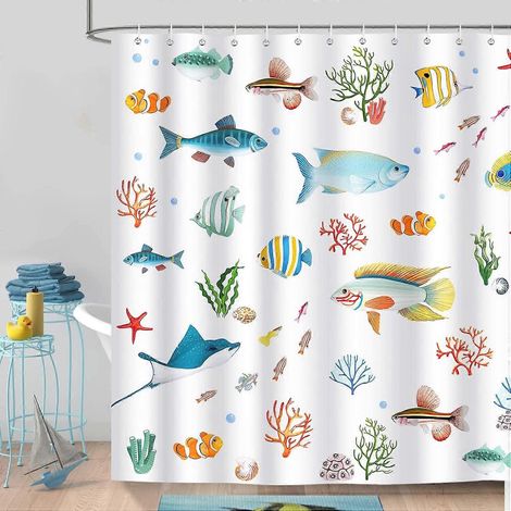 Rideau de douche Océan Poissons Tropicaux 180 x 180 cm, Rideau de bain enfant en polyester, anti-moisissure, imperméable et lavable (1/4)