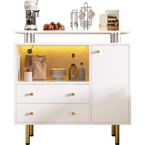 Buffet avec Portes en Verre et Éclairage LED, Pieds Surélevés pour Salon, Chambre ou Bureau, Blanc, 80 x 35 x 80 cm (1/5)