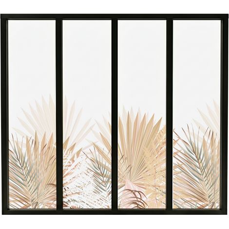 Verrière atelier intérieure aluminium noir 4 vitrages 135 x 117 cm - Décor végétal - Gaïa - beige et transparent - Verre trempé (1/5)