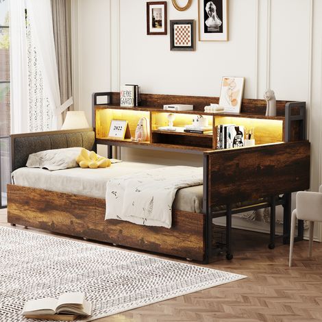 Lit simple 90x200 cm avec canapé-lit, éclairage LED, rangement intégré, tiroirs et prise multifonction, bureau escamotable, dossier capitonné, teinte bois