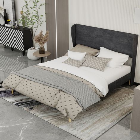 Cama matrimoniales 160x200 cm Cabecero tapizado tela y metal gris (Sin colchón) (1/5)