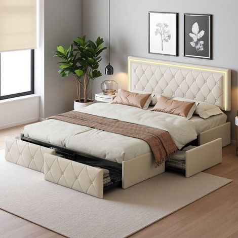 Cama 160x200 cm, TT02, LED regulable, lujo moderno y ligero, cama doble, marco de cama para adultos 160x200 cm, PU, Beige