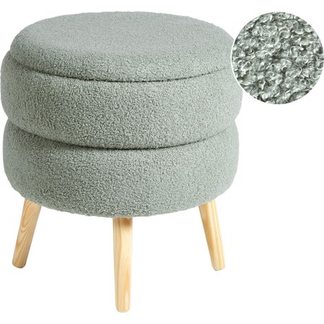 Taburete moderno tapizado de bouclé con almacenaje patas de madera verde Okaton