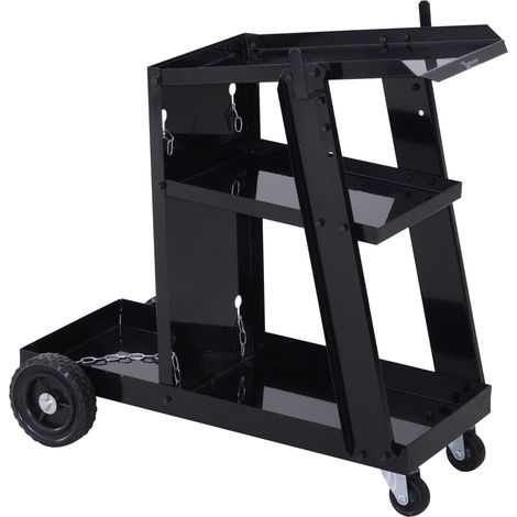 Carrello Porta Utensili a 3 Ripiani con 2 Catene di Sicurezza, in Acciaio, 71x39x70 cm, Nero