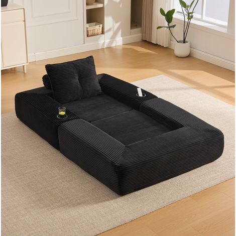 REDOM Sofá cama 122x98x80 cm, convertible, con bolsillos laterales y portavasos, pana negra (1/5)