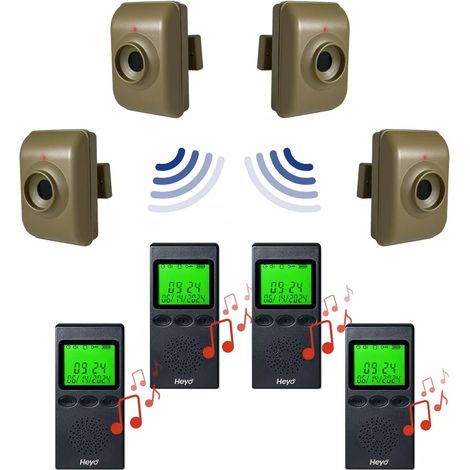 Alerte de passage sans fil longue distance 700m - 4 détecteur de mouvements autonomes (piles) + 4 bipeurs mobiles (HEYO) (1/5)