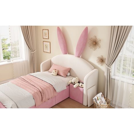 Cama 90x190 cm de terciopelo beige y rosa con almacenaje, ahorra espacio, sin colchón – MEUBLIV (1/5)