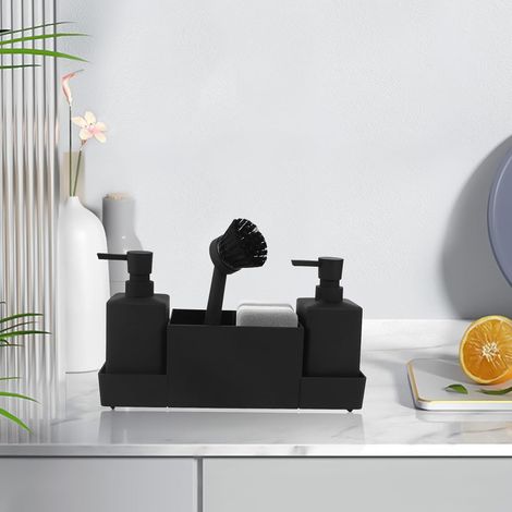 Distributeur de savon éponge : distributeur de savon de cuisine avec éponge à vaisselle, organisateur d'évier, organiseur avec brosse et deux distributeurs de savon avec tapis antidérapant pour (1/2)