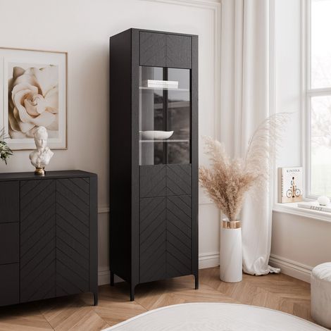 Vitrine Armoire LORIEN - 1 porte - 59x40x197 cm - 5 compartiments - Noir (1/5)