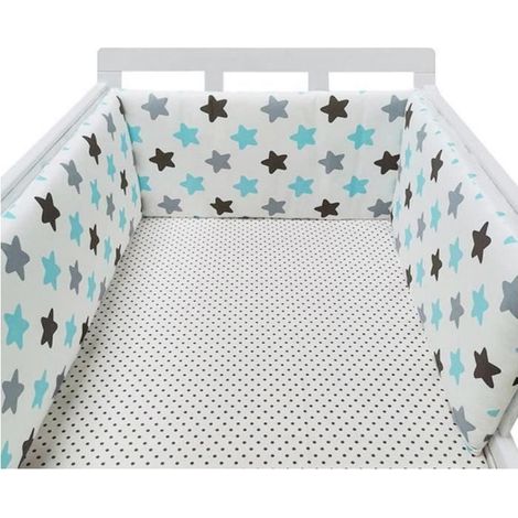 Babybettumrandung 200 x 30 cm, stoßdämpfendes Kissen für Kinderbetten, atmungsaktive Baumwollumrandung, grau-blaue Sterne (1/5)
