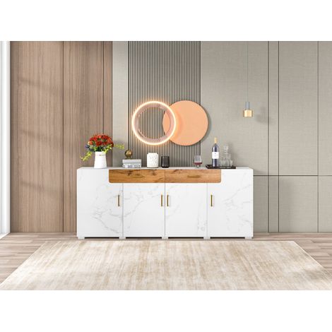 Buffet de cuisine 4 portes 2 tiroirs, meuble de rangement 208 x 39,5 x 80 cm, armoire à vaisselle design