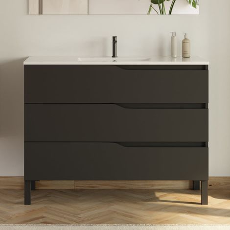 Meuble sous vasque seul, 3 tiroirs, 100cm, pour simple vasque - noir - MATA