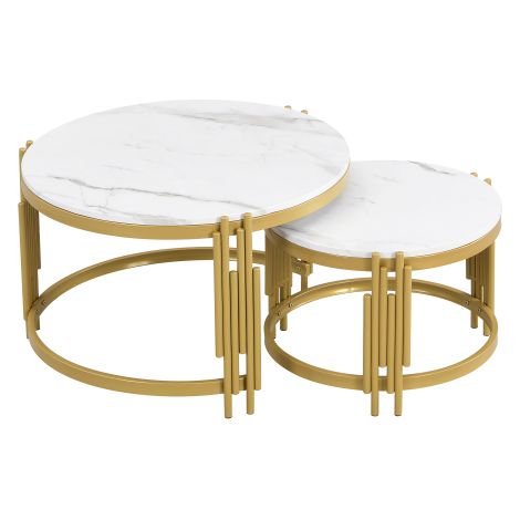 Tables basses gigognes rondes 2 pièces MDF effet marbre blanc et doré