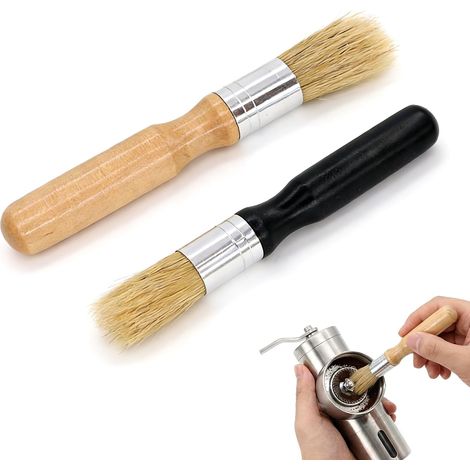 Lot de 2 Brosses de Nettoyage Barista en Poils de Sanglier - Pinceau Alimentaire pour Machine à Café Expresso, Broyeur et Moulin à Grain - Manche Noir/Bois Antidérapant (1/5)