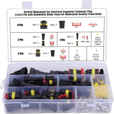 352 Pcs Connecteurs de Fil Imperméables. 1/2/3/4 Broches avec Fusibles pour Voiture. Moto et Bateau (1/4)