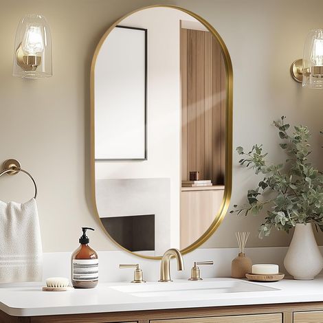 Miroirs Muraux Ovale 60 x 90 cm Or Boîte d'ombre Cadre en Aluminium Miroir de Salle de Bain, Horizontal/Vertical Mural Suspendu pour Chambre à Coucher, Salon, Couloir, Wall Mirror (1/5)