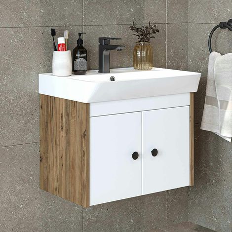Meuble vasque suspendu 60 cm décor pin et blanc 2 portes JUSA (1/5)
