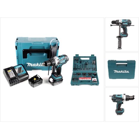 Makita DHP 458 RTJ Trapano avvitatore con percussione a batteria 18V in valigetta Makpac + 2x Batterie 5,0 Ah + Caricatore + Set Makita di 100 punte avvitat./forat.