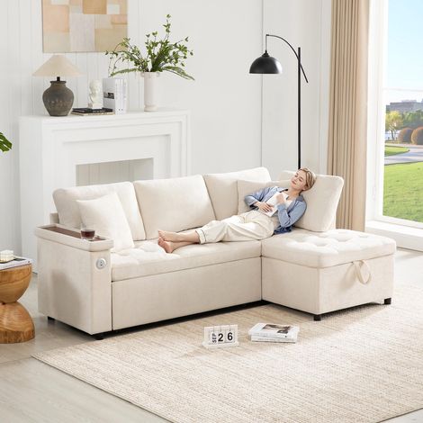 Ce canapé d'angle moderne est doté d'un lit gigogne, d'un espace de rangement, d'un chargeur USB, d'un rangement dans les accoudoirs et de deux coussins de dossier, (1/5)