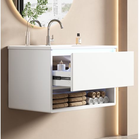 Waschtischunterschrank MDF/Keramik Weiß 76,5x46x45 cm, wandhängend, mit LED-Bewegungssensor, 1 Schublade (1/5)