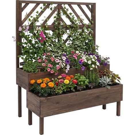 Wooden Two-Tier Planter With Trellis, Raised Beds (1/5)