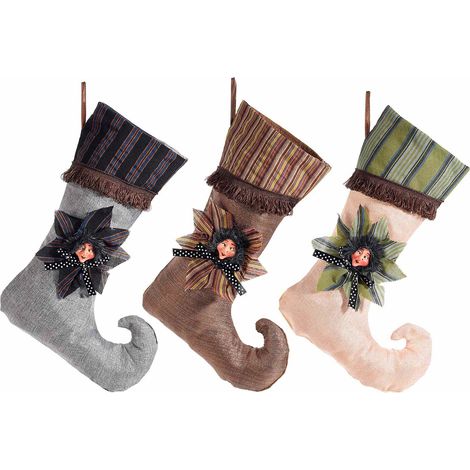 Calze in stoffa effetto lamé da appendere con decorazione Befana / strega in resina, set da 9 pezzi, cm 25 x 35 H