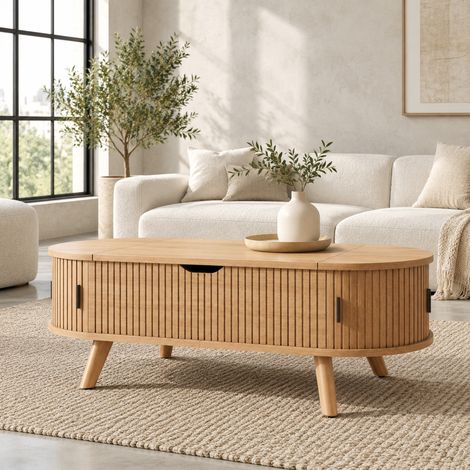 MODFU – Mesa de centro elevable 110x50x53,5 cm de MDF con almacenamiento y puertas correderas, patas de hevea y carga 40 kg – Natural (1/5)