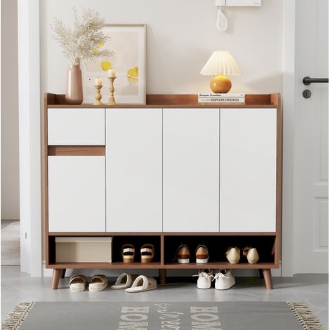 Credenza in truciolare bianco e naturale, 4 ante, 1 cassetto e 1 ripiano regolabile, 120x35x99 cm (1/5)
