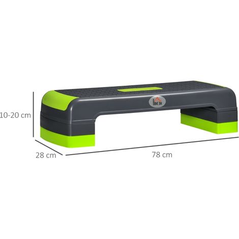 Stepper aérobique, hauteur réglable sur 3 niveaux, supporte jusqu'à 150 kg, 78 x 28 x 20 cm, gris et vert, appareil fitness compact pour entraînement cardio à domicile. (1/5)