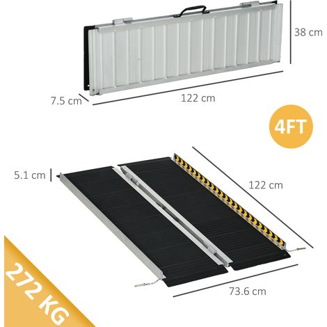 Klappbare Rollstuhlrampe aus Aluminiumlegierung, Behindertenrampe mit Leitblechen und Aufklebern, 122 x 73,6 x 5,1 cm, Schwarz