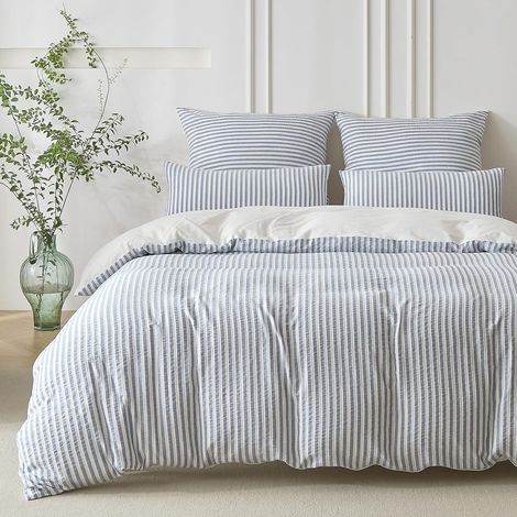 Housse de Couette 220x240 Coton - Jacquard Rayures - Bleu Denim (1/5)