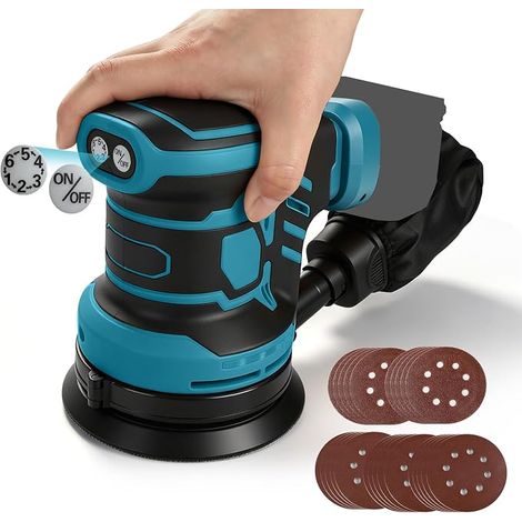 Ponceuse orbitale aléatoire sans balais compatible avec ponceuse électrique 18V, 125 mm Brushelss avec 25 papiers abrasifs, rotation à 6 vitesses max 21 000 tr/min (bleu pour MK) (1/5)
