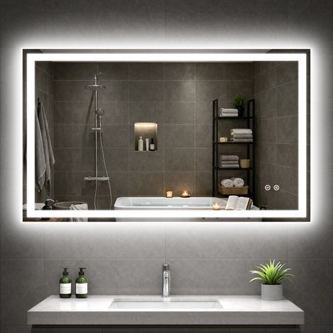 Grand miroir de salle de bain éclairé, miroir LED lumineux 100x60cm, 3 couleurs variable, fonction mémoire, verre dur HD 4mm, pose horizontale/verticale, cadre aluminium (1/5)