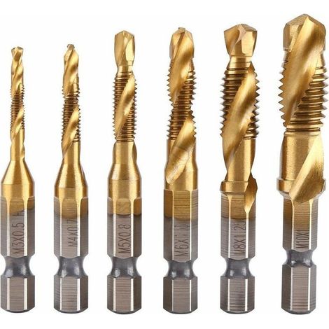 Lot de 6 tarauds filetés, foret taraud, filetage métrique M3-M10 avec revêtement en titane HSS et embouts de taraudage 1/4" queue hexagonale cannelée pour tarauder différents fils. (1/5)
