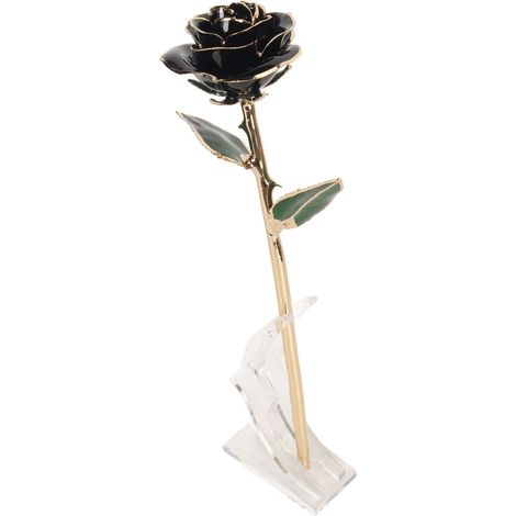 Roses préservées 24K or plaqué, éclat brillant et détails riches, rose naturelle trempée dans l’or avec support, pour mère, épouse, amoureuse, noir. (1/5)