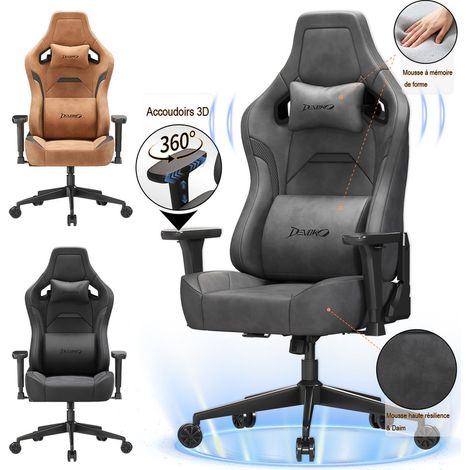 Devoko Chaise Gaming avec Design Ergonomique, Daim (Doux et Respirant), Appui-tête et Soutien Lombaire en Mousse Mémoire, Accoudoirs 3D, Dossier Réglable de 90° à 135°, Charge max 200 kg, Gris
