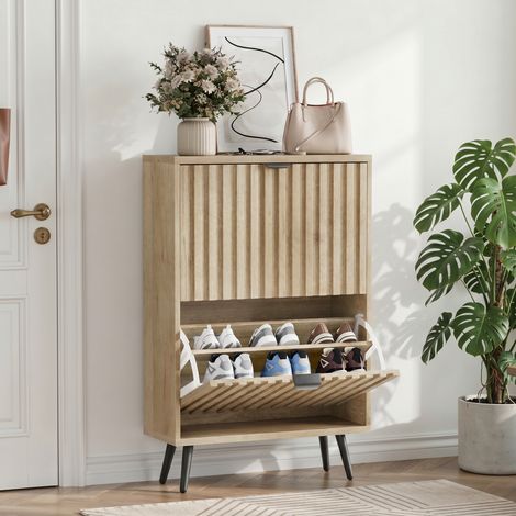 Mueble zapatero 60 cm con puertas abatibles, 2 niveles, ahorro de espacio, estructura estable, acabado roble (1/5)