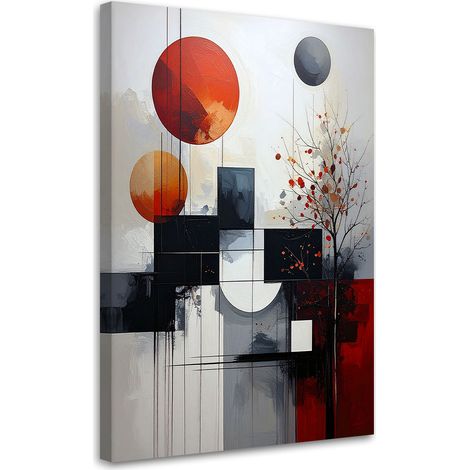 Tableaux, Abstraction cercles rouges et bleus et feuilles,20x30 (1/4)