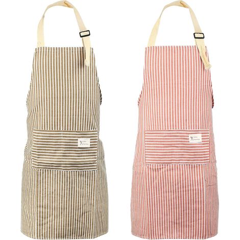 2 Pcs Tablier de Cuisine Femme Homme, Tablier Cuisine Femme Homme, Tablier à Bavette Ajustable avec 2 Poches pour Maison, Pâtisserie, Restaurant et Nettoyage Ménager (rouge, marron) (1/5)