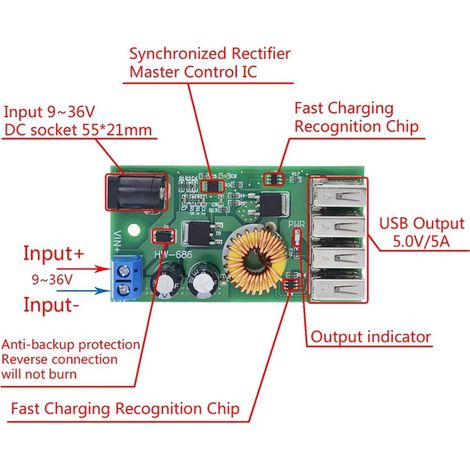 Convertisseur DC-DC 9V 12V 24V 36V vers 5V, carte abaisseuse 5A, 4 sorties USB B (1/4)