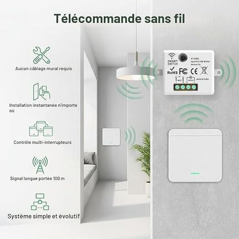 Wireless Switch 220V, Kit of Wireless Two-Way Switch for Lamp, Radio Light Switch Kit with Wall Remote Control, Receiver 1500W, Range 30m, Home Garage (1/4)