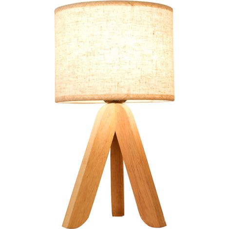 Lampe de chevet LED en bois, lampe de table trépied, abat-jour vintage en lin blanc, douille E27 (ampoule non incluse) (1/5)