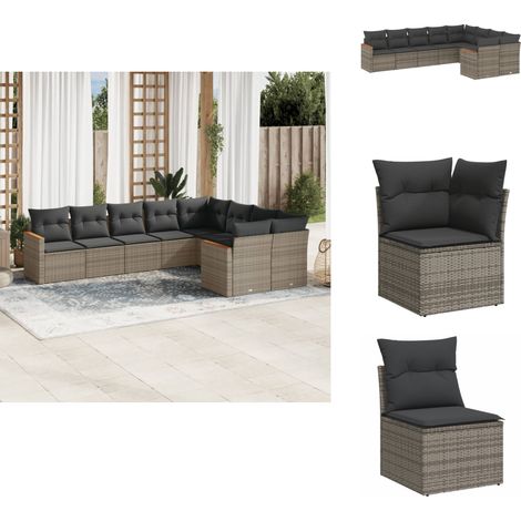 Salon de jardin 9 pcs avec coussins gris résine tressée - Ensemble Salon De Jardin - Mobilier Extérieur - Canapé Jardin - Chaise Lounge - Set Salon (1/5)